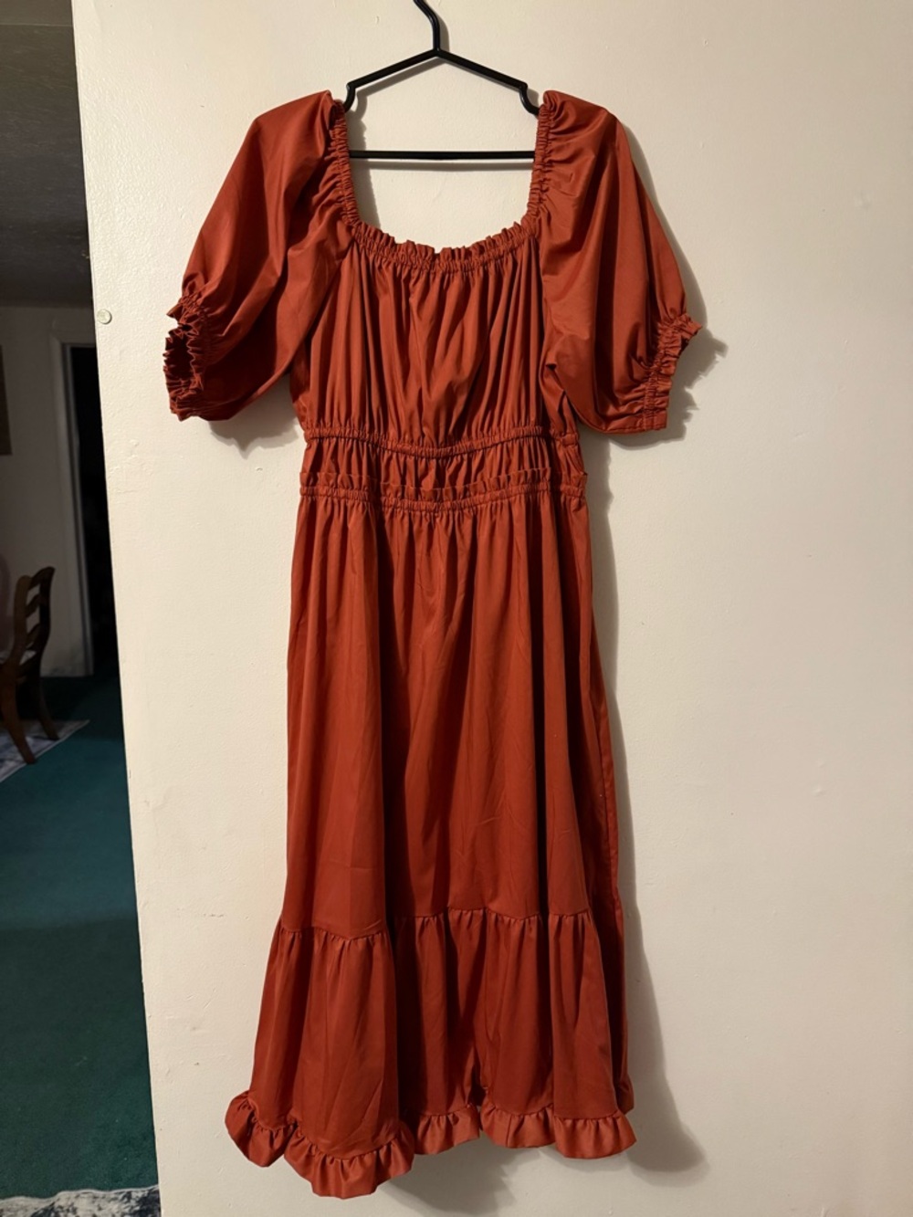 Rust Puff-Sleeve Midi Dress with Smocked Waist - Unbranded